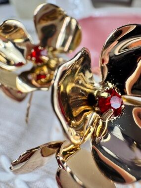 Zara Gold Floral Hoop Earrings with Red Crystal Centers